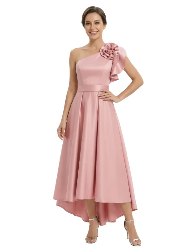 Unique One Shoulder High-Low Satin A-Line Mother Of The Bride Dress Floral Ruffle sold by ChicSew
