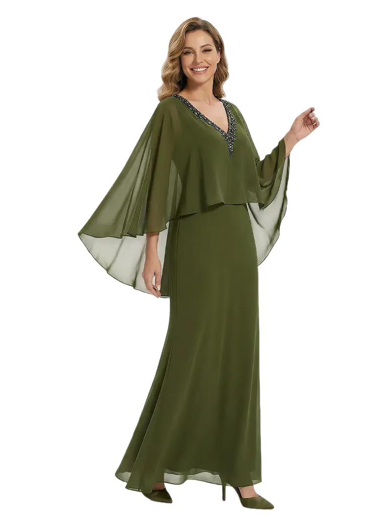 Beautiful V-Neck Cap Sleeves Beaded Chiffon Long Mother Of The Bride Dress sold by ChicSew