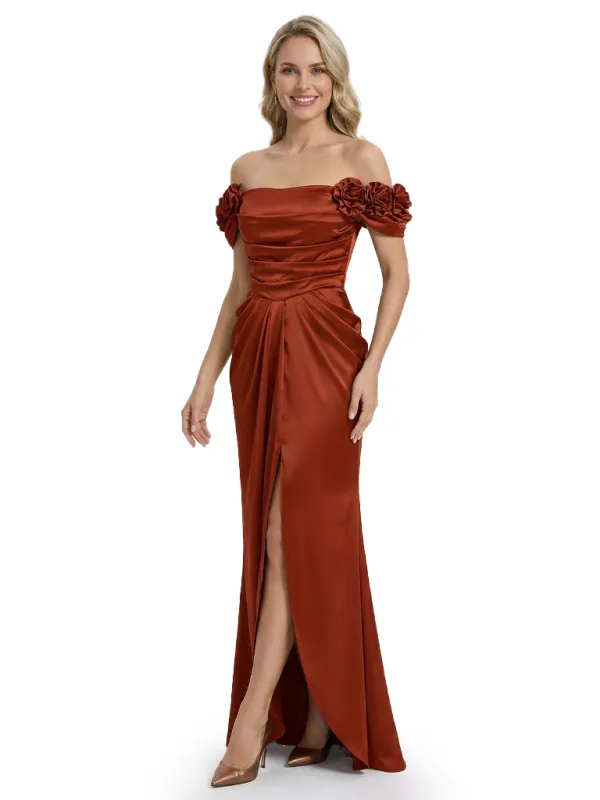 Fancy Floral Off The Shoulder Side Slit Silky Satin Ruched Evening Gown For Mother Of The Bride sold by ChicSew