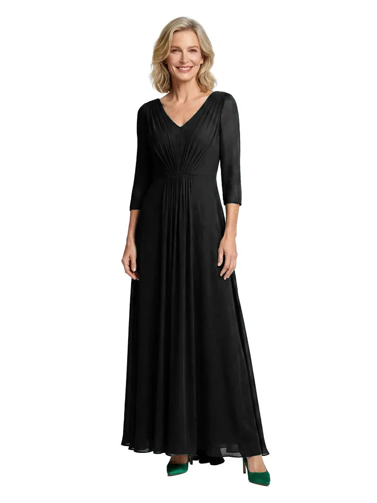 V-Neck A-Line Mother Of The Bride Dress 3/4 Sleeves Maxi Gown Formal Wedding Attire sold by ChicSew product image thumbnail 3