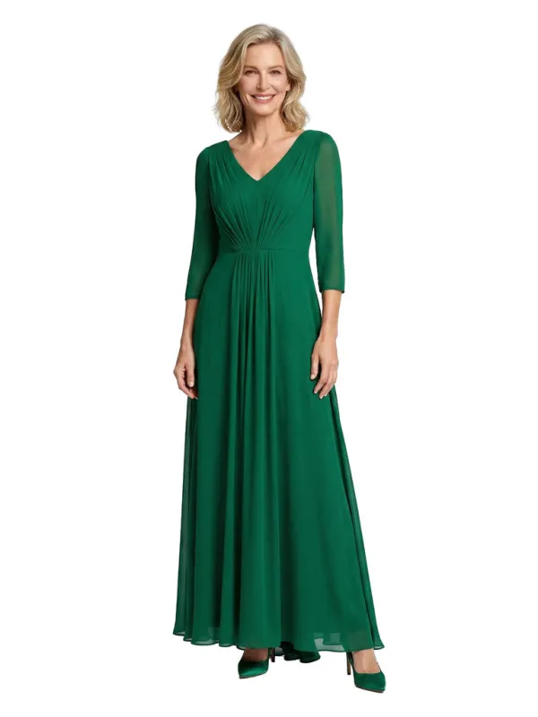 V-Neck A-Line Mother Of The Bride Dress 3/4 Sleeves Maxi Gown Formal Wedding Attire sold by ChicSew