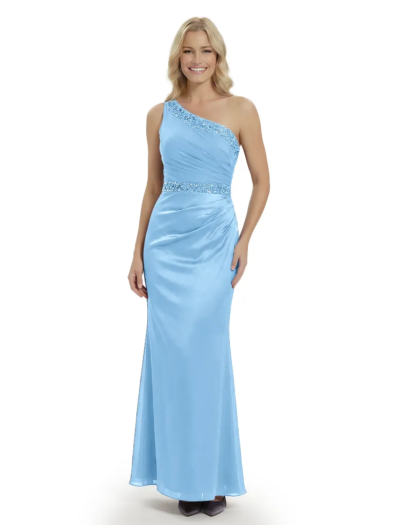 Fancy Mother of The Groom Dress Beautiful One Shoulder Beaded Satin Ruched Long Sheath Gown sold by ChicSew product image thumbnail 5