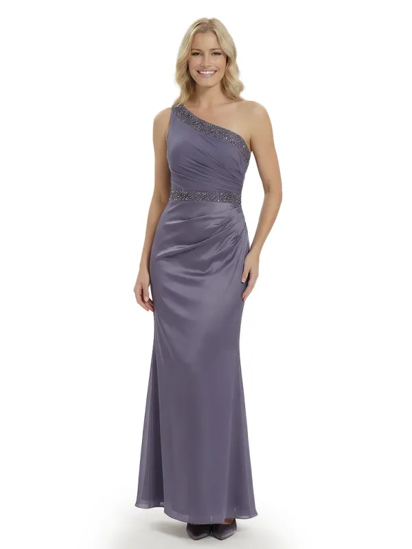 Fancy Mother of The Groom Dress Beautiful One Shoulder Beaded Satin Ruched Long Sheath Gown sold by ChicSew