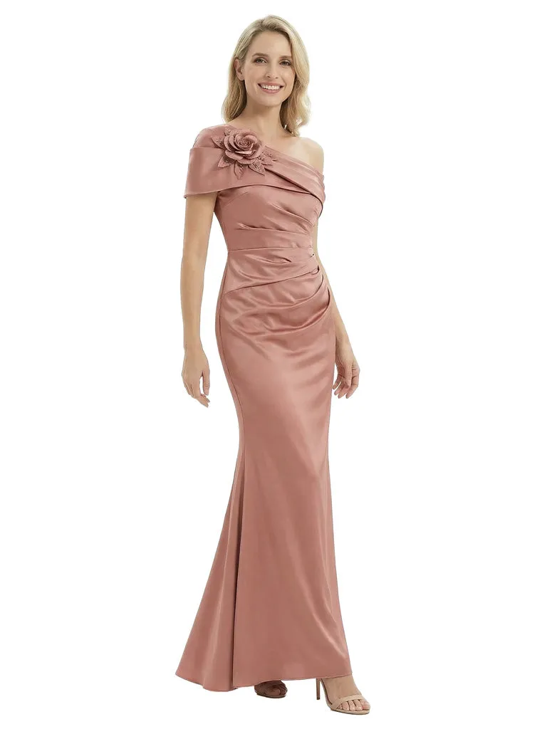 Modern Mother of The Bride Dress One Shoulder Ruched Satin Mermaid Long Evening Gown sold by ChicSew