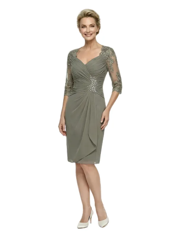 Unique V-Neck Chiffon Ruched Lace Half Sleeves Sheath Knee-Length Mother Of The Bride Dress sold by ChicSew