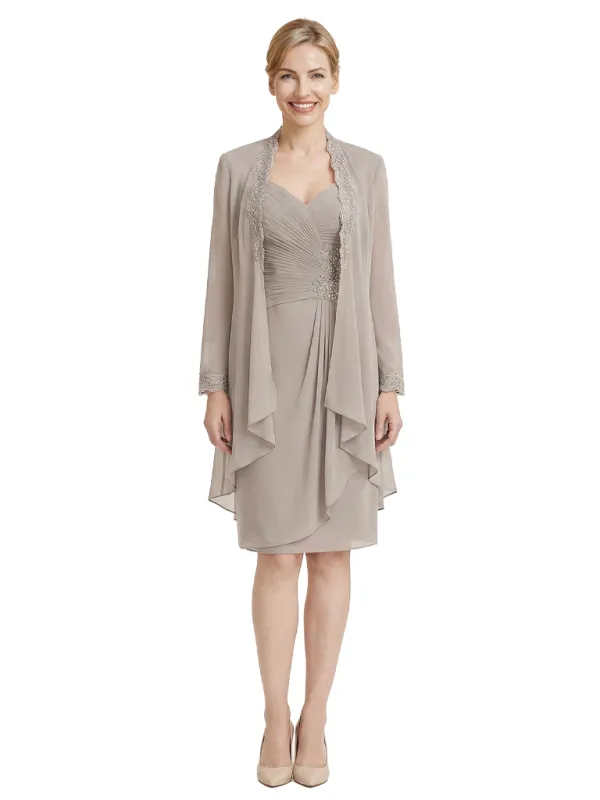 Classy Ruched Tea-Length Mother Of The Groom Dress With Lace Chiffon Jacket sold by ChicSew