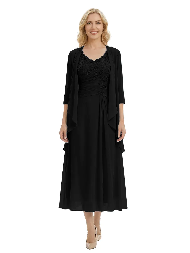 Sophisticated Lace Chiffon Mother Of The Groom Dress Tea-Length Gown And Jacket sold by ChicSew product image thumbnail 4
