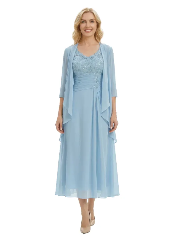 Sophisticated Lace Chiffon Mother Of The Groom Dress Tea-Length Gown And Jacket sold by ChicSew