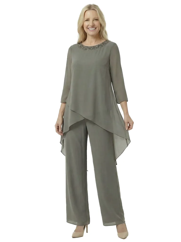 Elegant Chiffon Long Sleeves Asymmetric Beaded Wedding Pantsuits For Mother Of The Bride sold by ChicSew