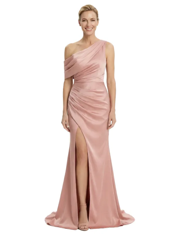 Modern Asymmetrical Mother Of The Groom Gown Satin Ruched Evening Dress With Side Slit sold by ChicSew