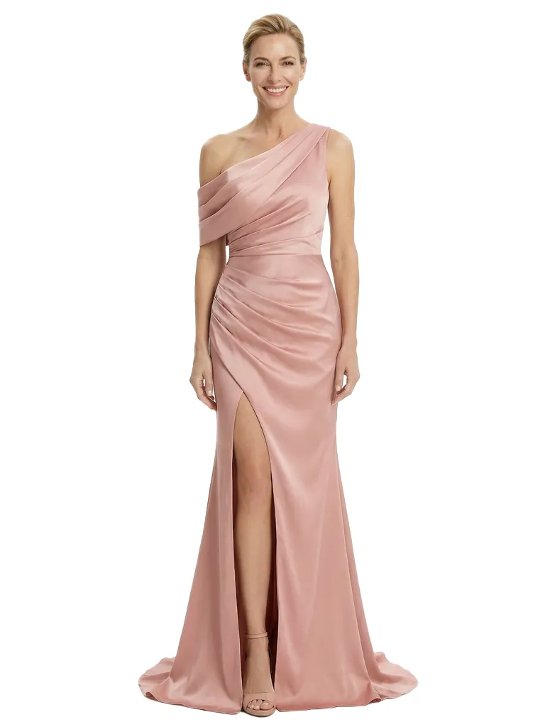 Modern Asymmetrical Mother Of The Groom Gown Satin Ruched Evening Dress With Side Slit sold by ChicSew