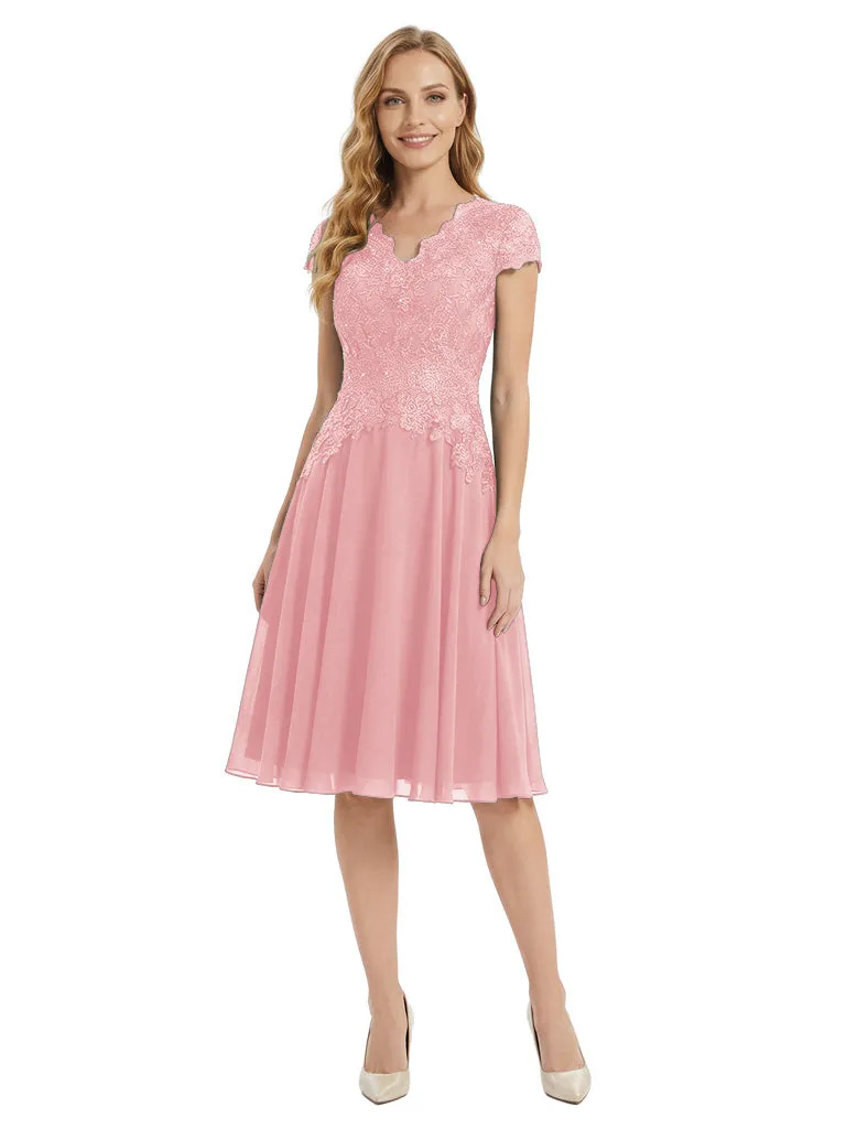 Beautiful V-Neck Short Sleeves Mother Of The Bride Dress Lace Applique Chiffon A-Line Midi Gown sold by ChicSew product image thumbnail 5