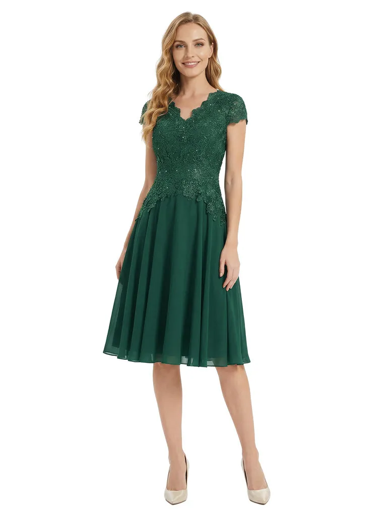 Beautiful V-Neck Short Sleeves Mother Of The Bride Dress Lace Applique Chiffon A-Line Midi Gown sold by ChicSew