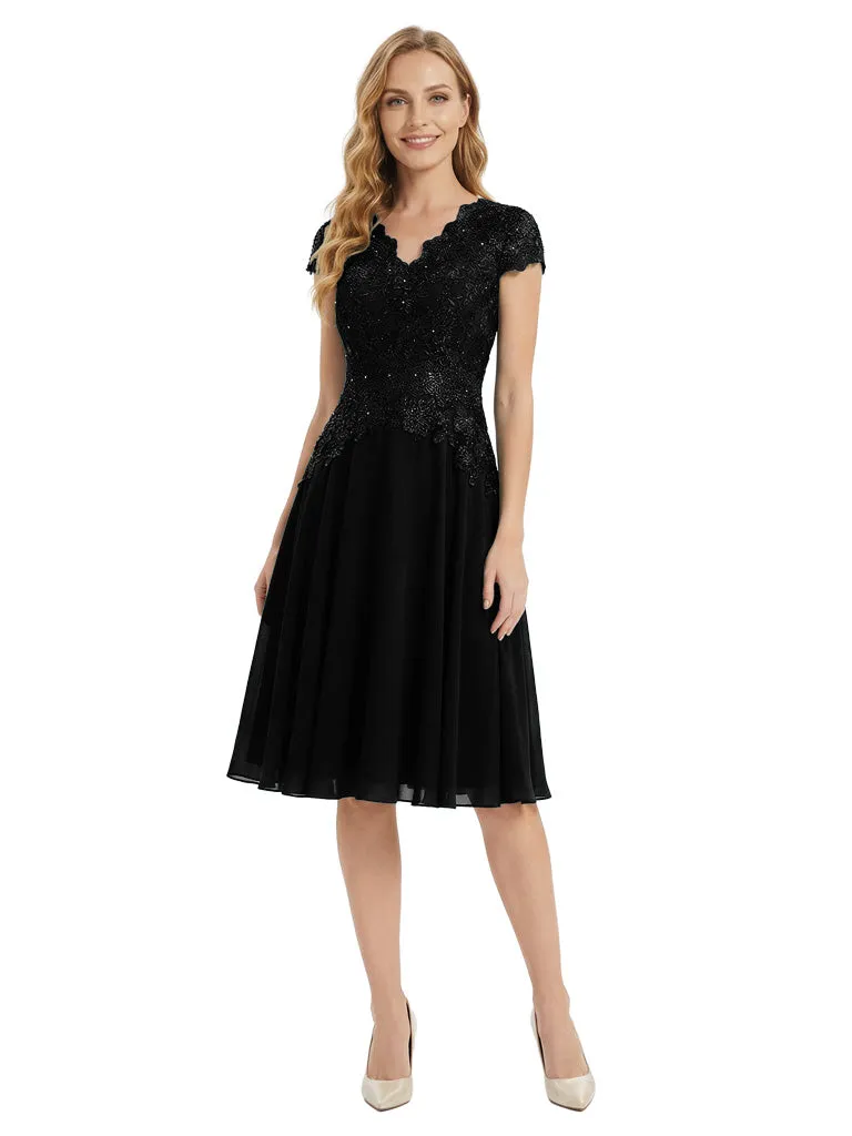 Beautiful V-Neck Short Sleeves Mother Of The Bride Dress Lace Applique Chiffon A-Line Midi Gown sold by ChicSew product image thumbnail 3
