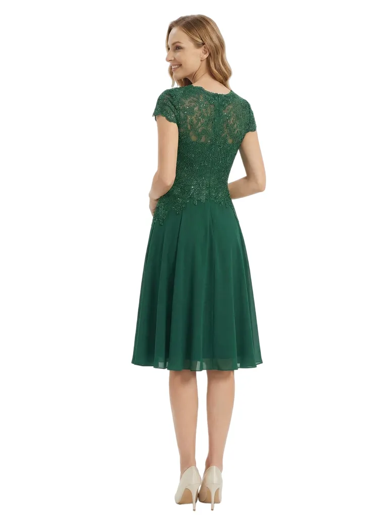 Beautiful V-Neck Short Sleeves Mother Of The Bride Dress Lace Applique Chiffon A-Line Midi Gown sold by ChicSew product image thumbnail 2