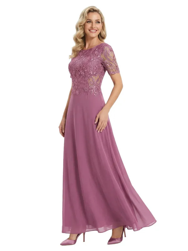 Classy Short Sleeves Jewel Lace Applique Chiffon A-Line Mother of The Bride Dresses sold by ChicSew