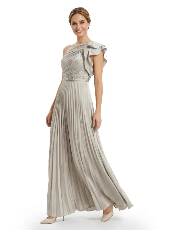 Pretty Mother of The Groom Dress Modern One Shoulder Ruffled Chiffon Pleated Long Flowy Evening Gown sold by ChicSew