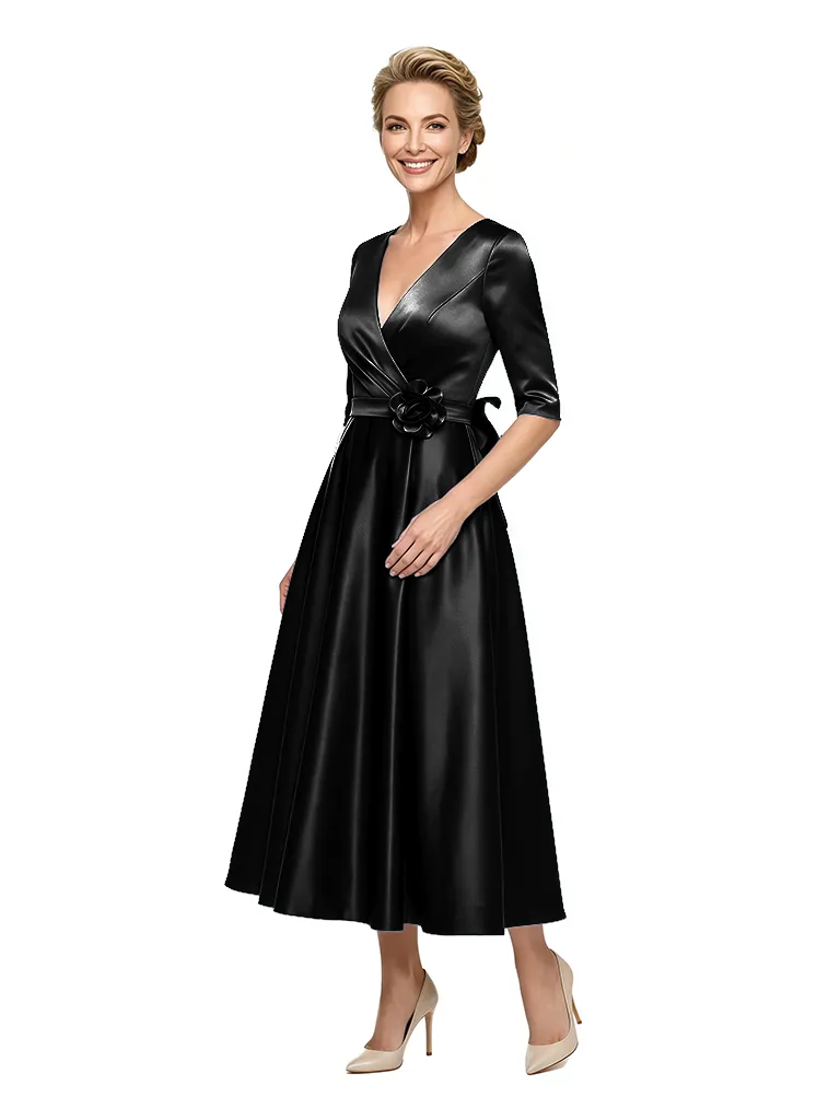 Classy Mother of The Bride Dress Fancy Satin Long Sleeve Fit-and-Flare Tea-Length Wrap Formal Dress sold by ChicSew product image thumbnail 4