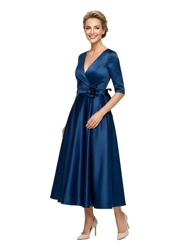 Classy Mother of The Bride Dress Fancy Satin Long Sleeve Fit-and-Flare Tea-Length Wrap Formal Dress sold by ChicSew