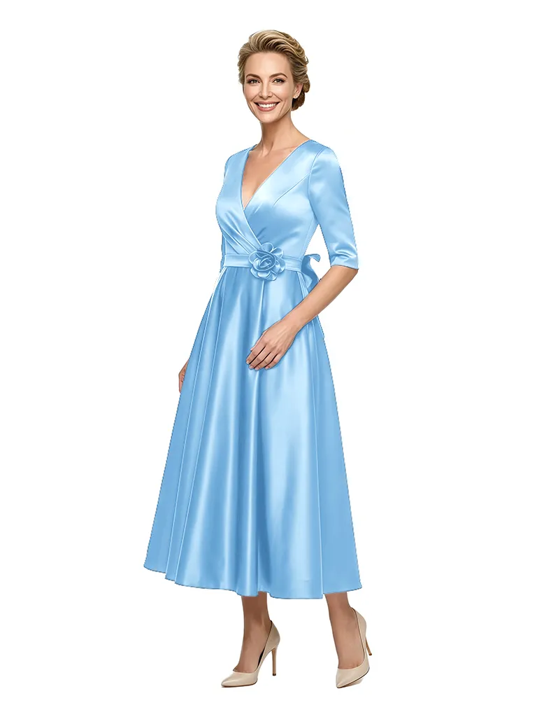 Classy Mother of The Bride Dress Fancy Satin Long Sleeve Fit-and-Flare Tea-Length Wrap Formal Dress sold by ChicSew product image thumbnail 5