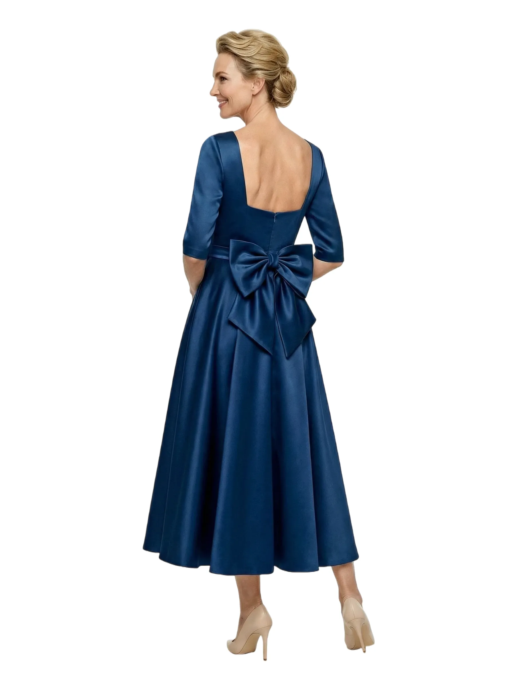 Classy Mother of The Bride Dress Fancy Satin Long Sleeve Fit-and-Flare Tea-Length Wrap Formal Dress sold by ChicSew product image thumbnail 3