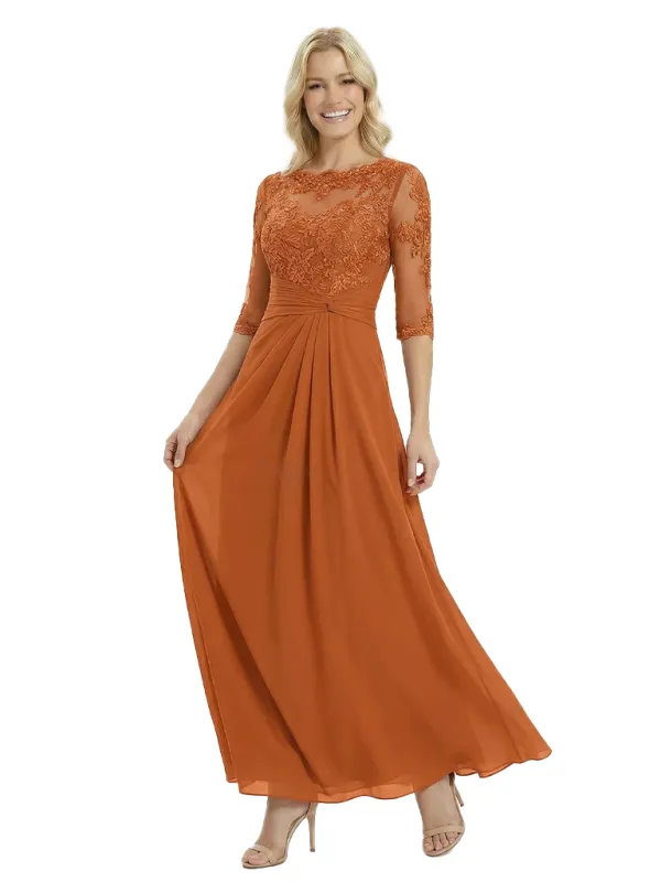 Unique Mother of The Groom Dress Beautiful Lace Long Sleeve A-Line Long Chiffon Ruched Evening Gown sold by ChicSew