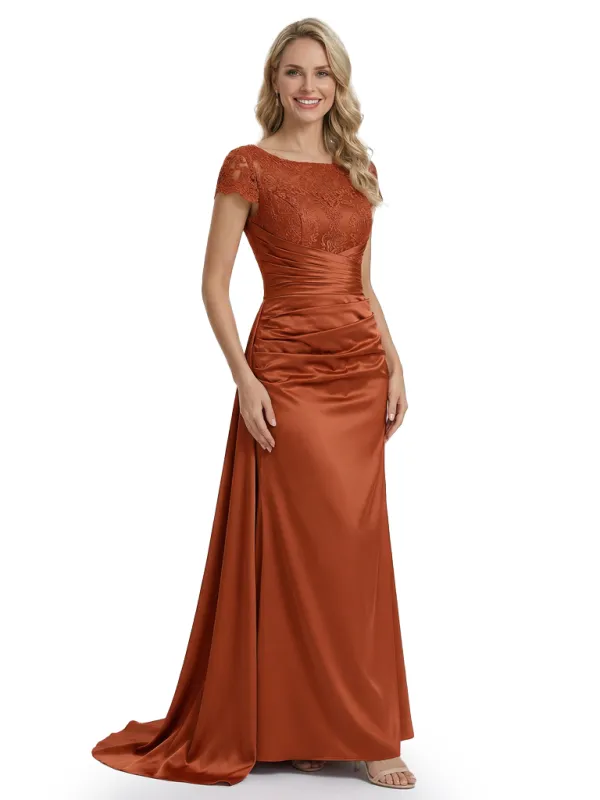 Modern Mother of The Bride Dress Classy Lace Short Sleeve Mermaid Long Satin Ruched Formal Gown sold by ChicSew