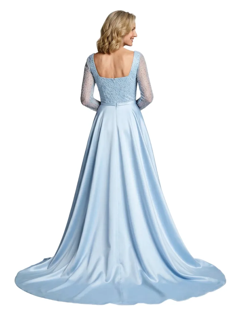 Mother of The Bride Dress Overskirt Square Long Sleeve Beaded Floor-Length Satin Prom Gown sold by ChicSew product image thumbnail 3