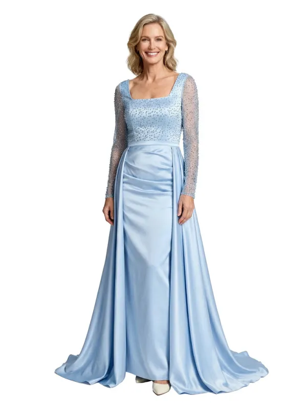 Mother of The Bride Dress Overskirt Square Long Sleeve Beaded Floor-Length Satin Prom Gown made by ChicSew