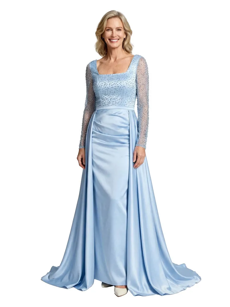 Mother of The Bride Dress Overskirt Square Long Sleeve Beaded Floor-Length Satin Prom Gown sold by ChicSew