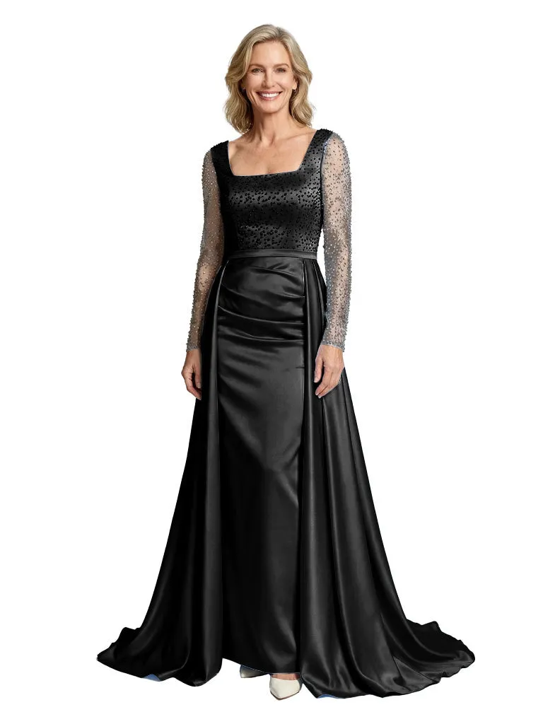 Mother of The Bride Dress Overskirt Square Long Sleeve Beaded Floor-Length Satin Prom Gown sold by ChicSew product image thumbnail 4