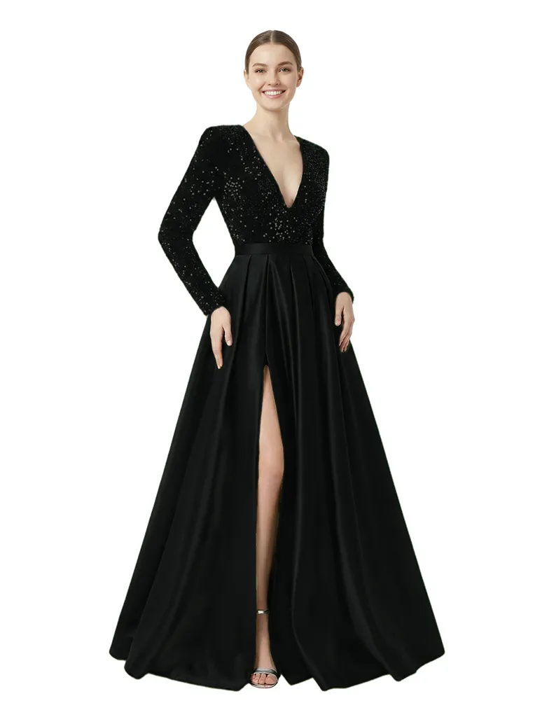Chic Sequin Top V-Neck Long Sleeves Side Slit Satin A-Line Formal Prom Dress sold by ChicSew product image thumbnail 4