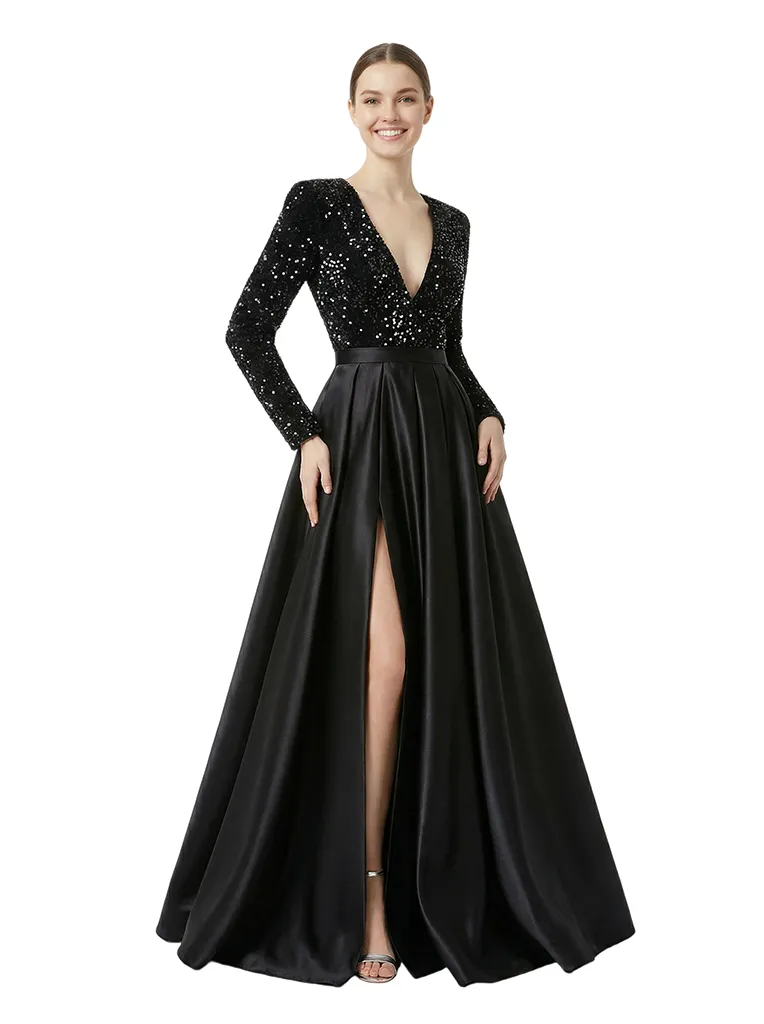 Chic Sequin Top V-Neck Long Sleeves Side Slit Satin A-Line Formal Prom Dress sold by ChicSew