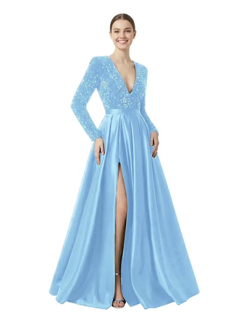 Chic Sequin Top V-Neck Long Sleeves Side Slit Satin A-Line Formal Prom Dress sold by ChicSew product image thumbnail 5