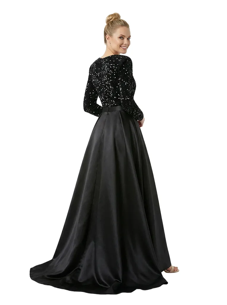Chic Sequin Top V-Neck Long Sleeves Side Slit Satin A-Line Formal Prom Dress sold by ChicSew product image thumbnail 3