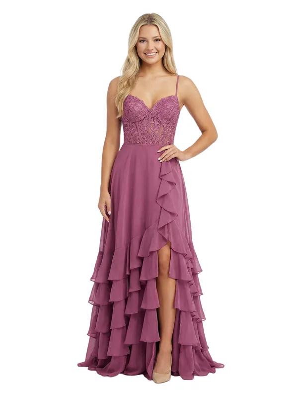 Stunning Corset Spaghetti Straps Side Slit Lace Ruffle Chiffon Prom Gown Unique A-Line Long Dress sold by ChicSew