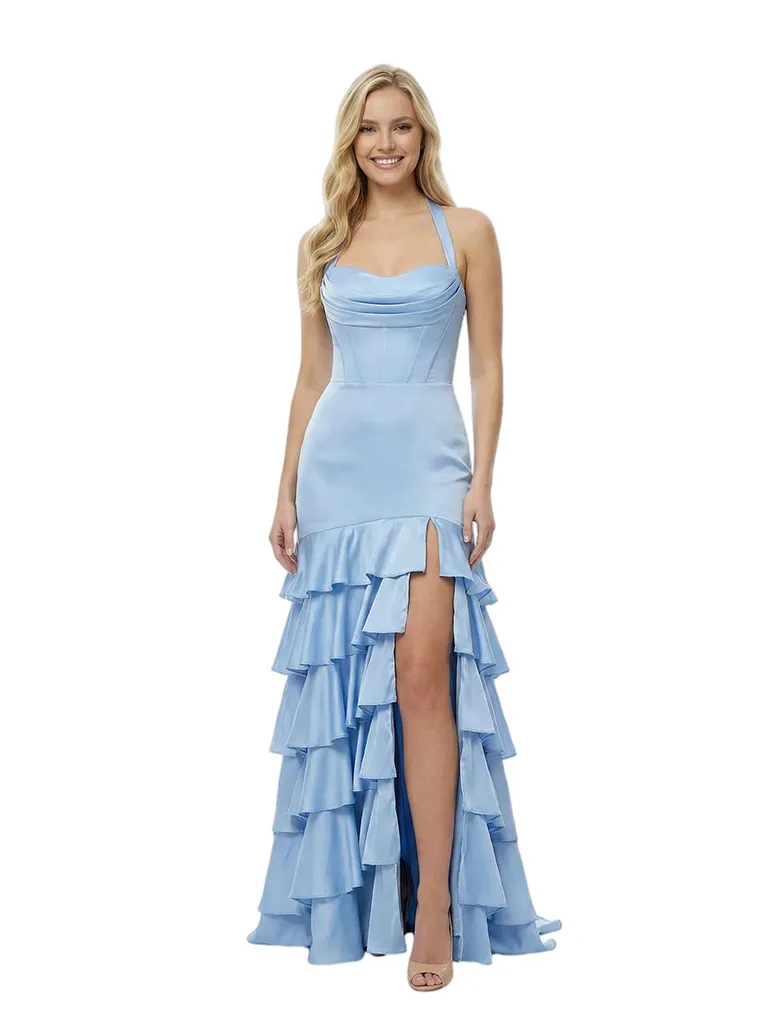 Stunning Corset Halter Side Slit Satin Prom Gown Unique A-Line Long Dress sold by ChicSew