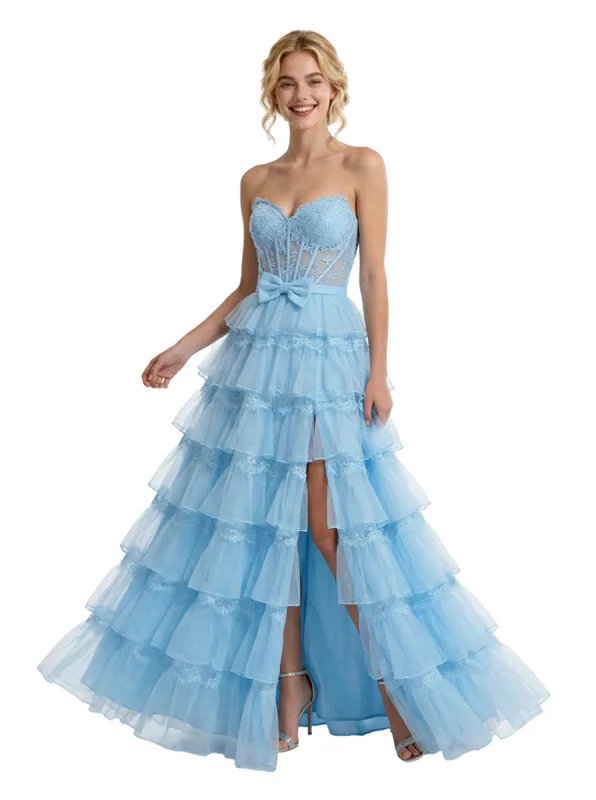 Beautiful Sweetheart Corset Lace Tulle Prom Dress With Side Slit Boning Bow Knot A-Line Gown sold by ChicSew