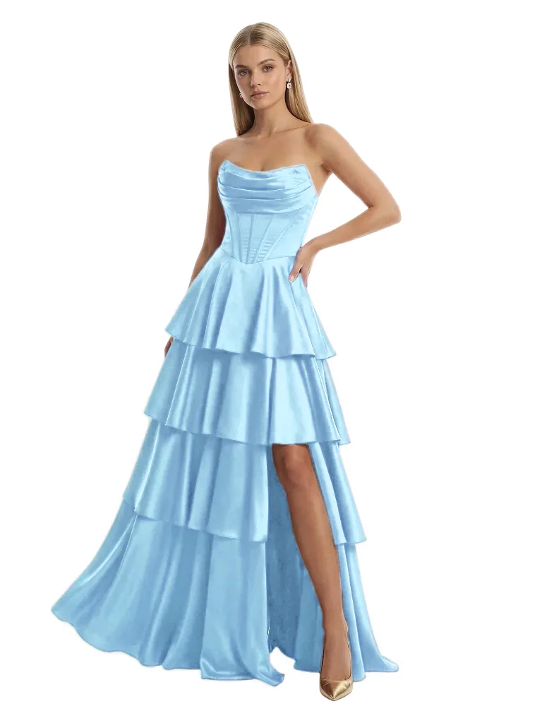 Stunning Corset Lace Up Back Side Slit Satin Prom Gown Unique A-Line Long Dress sold by ChicSew product image thumbnail 4