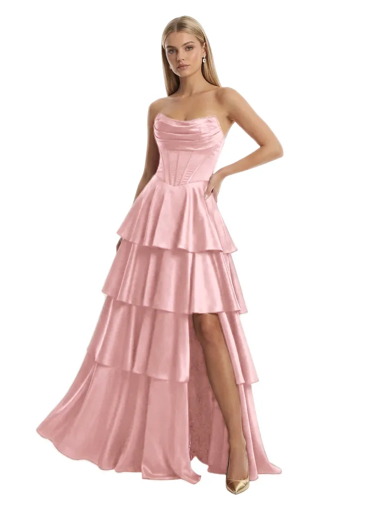 Stunning Corset Lace Up Back Side Slit Satin Prom Gown Unique A-Line Long Dress sold by ChicSew product image thumbnail 5