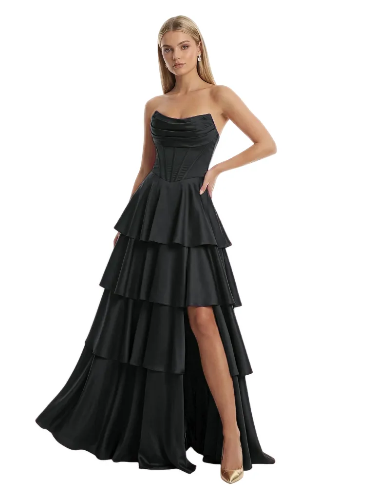 Stunning Corset Lace Up Back Side Slit Satin Prom Gown Unique A-Line Long Dress sold by ChicSew product image thumbnail 3