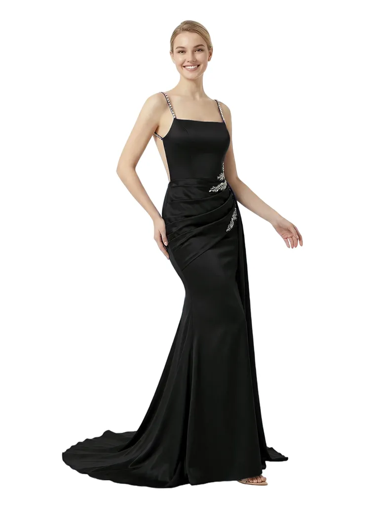 Sexy Square Neck Satin Mermaid Formal Gown With Rhinestone Straps Draped Backless Prom Dress sold by ChicSew product image thumbnail 3