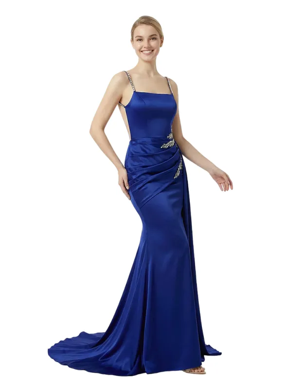 Sexy Square Neck Satin Mermaid Formal Gown With Rhinestone Straps Draped Backless Prom Dress sold by ChicSew