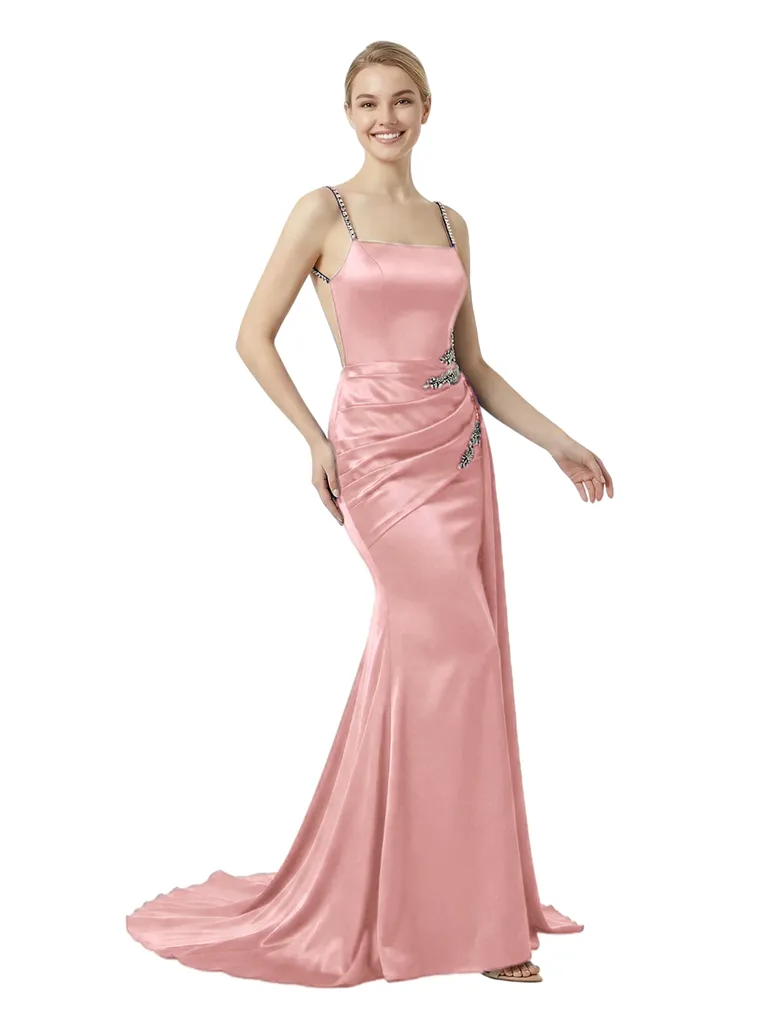 Sexy Square Neck Satin Mermaid Formal Gown With Rhinestone Straps Draped Backless Prom Dress sold by ChicSew product image thumbnail 5