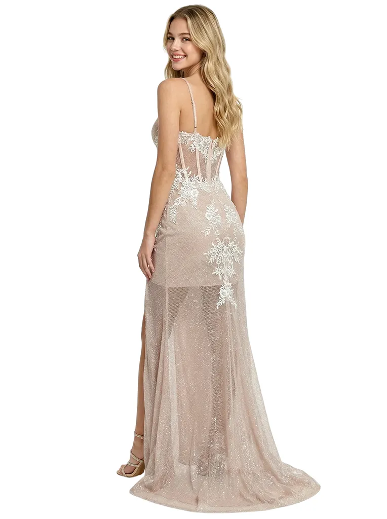 Sexy Spaghetti Strap Prom Gown Corset Sparkly Glitter Jersey Lace Formal Dresses Slit sold by ChicSew product image thumbnail 3