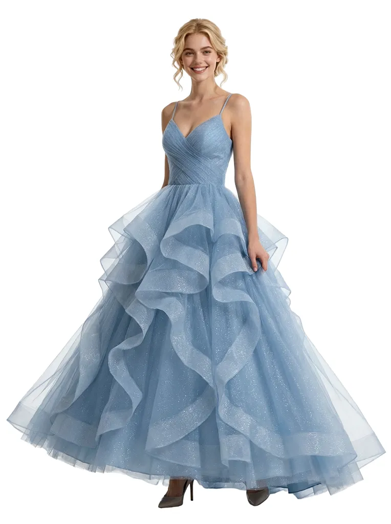 Modern Ruffled Spaghetti Strap Prom Dress Sparkly Tulle Ball Gown Unique Layered Formal Evening Wear sold by ChicSew