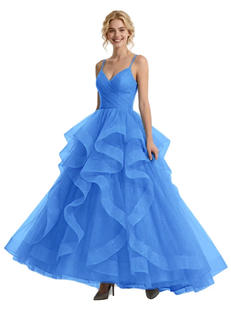 Modern Ruffled Spaghetti Strap Prom Dress Sparkly Tulle Ball Gown Unique Layered Formal Evening Wear sold by ChicSew product image thumbnail 5