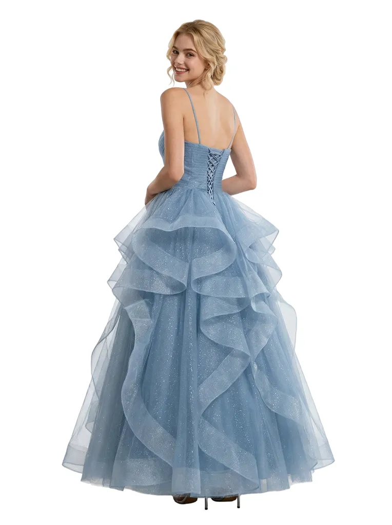 Modern Ruffled Spaghetti Strap Prom Dress Sparkly Tulle Ball Gown Unique Layered Formal Evening Wear sold by ChicSew product image thumbnail 3