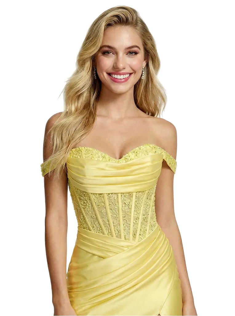 Elegant Off Shoulder Mermaid Corset Long Evening Satin Prom Dresses with Side Slit sold by ChicSew product image thumbnail 2