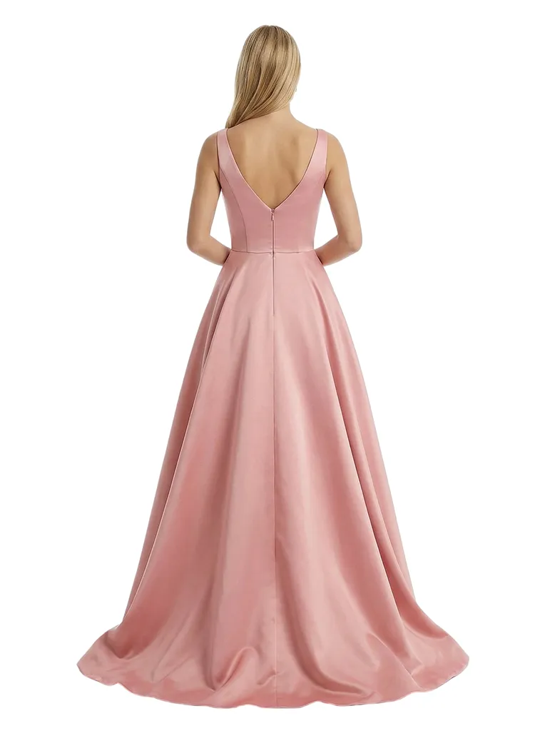 Elegant V-Neck A-Line Satin Floor-Length Prom Gown Minimalist Sleek Evening Dress sold by ChicSew product image thumbnail 2